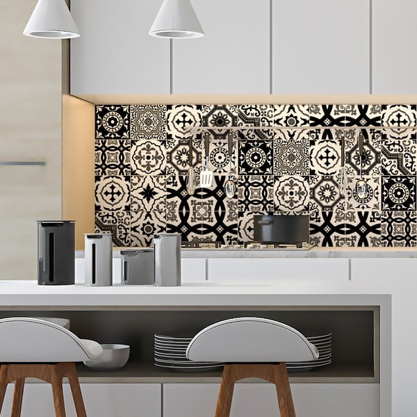 16 sienu uzlīmju komplekts Ambiance Azulejos Modern Black and White Shade, 10 x 10 cm