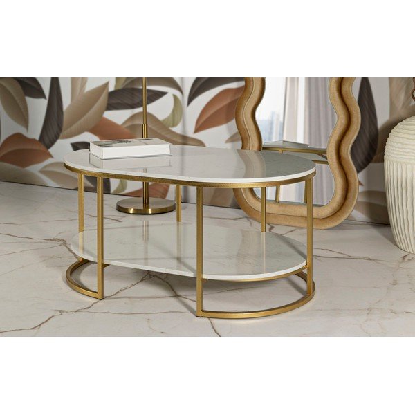 Balts/zelta krāsas žurnālgaldiņš ar marmora virsmu 60x90 cm Izmir – Mauro Ferretti-image-1