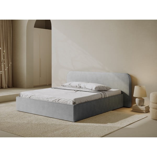 Gaiši pelēka polsterēta divvietīga gulta ar veļas kasti un redelēm 140x200 cm Elizabeth – Micadoni -image-1