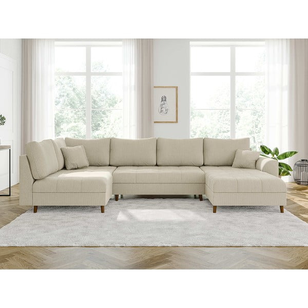 Krēmkrāsas velveta stūra dīvāns (ar labo stūri/U veida) Ariella – Ropez-image-1