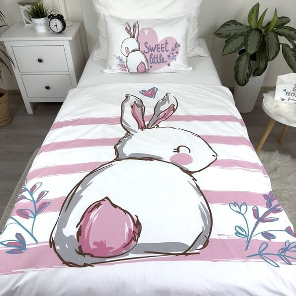 Balta/rozā kokvilnas bērnu gultas veļa 100x135 cm Bunny "Sweet" – Jerry Fabrics-image-4