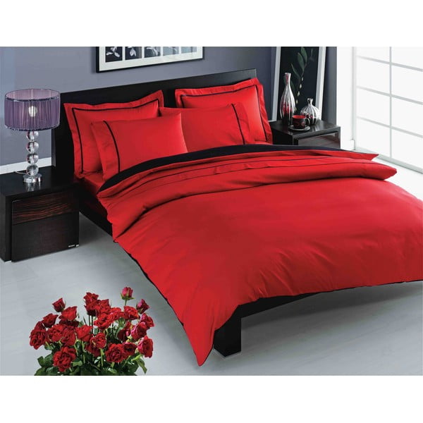 Sarkana kokvilnas satīna gultasveļa ar palagu divguļamai gultai Prestige Red, 200 x 220 cm