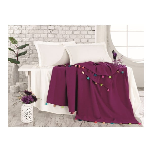 Ar rokām darināts bordo krāsas kokvilnas pārklājs divguļamai gultai Tarayas, 230 x 240 cm