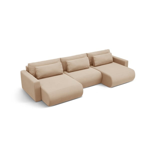 Gaiši brūns samta stūra dīvāns ar uzglabāšanas vietu (U veida) Belfast – Cosmopolitan Design-image-2