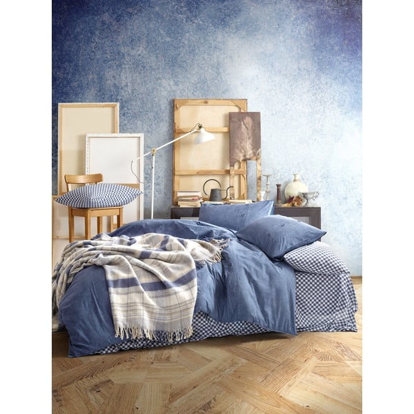 Tumši zils gultasveļas komplekts ar gultasveļu un gultas pārklāju Cotton Box Denim, 200 x 220 cm