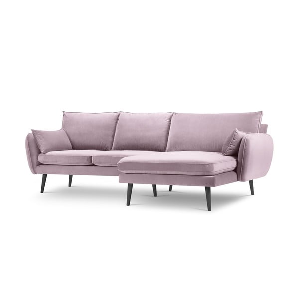 Gaiši rozā samta stūra dīvāns ar melnām kājām Kooko Home Lento, labais stūris