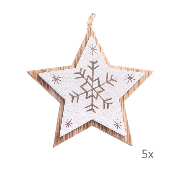 5 baltu koka zvaigznes formas piekaramo rotājumu komplekts Dakls, garums 7,5 cm