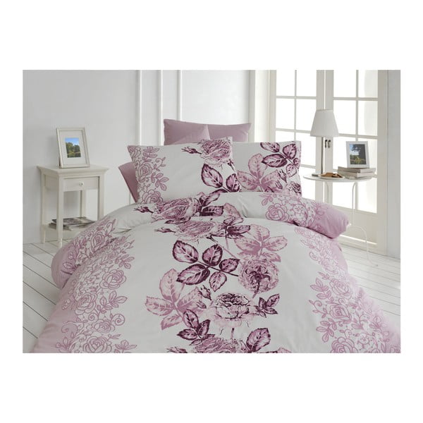 Violeti balta kokvilnas gultasveļa ar palagu divguļamai gultai Lamer, 200 x 220 cm