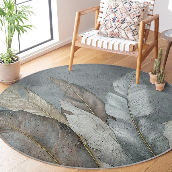 Zaļš/pelēks mazgājams apaļš paklājs ø 100 cm Dusty Leaves – Mila Home-image-2