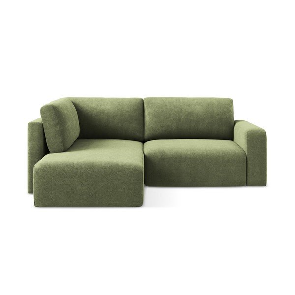 Zaļš salokāms stūra dīvāns no šenila auduma ar uzglabāšanas vietu (ar kreiso stūri/L veida) Kona – Makamii