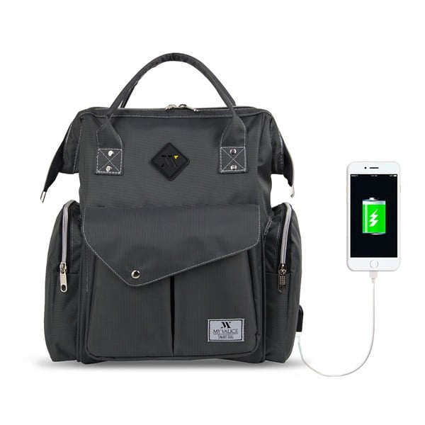 Antracīta pelēka mugursoma māmiņām ar USB portu My Valice HAPPY MOM Baby Care Backpack-image-4