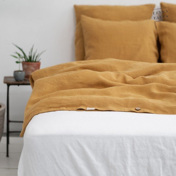 Dzeltens divguļamais segas pārvalks no kaņepju šķiedras 200x200 cm – Linen Tales-image-2