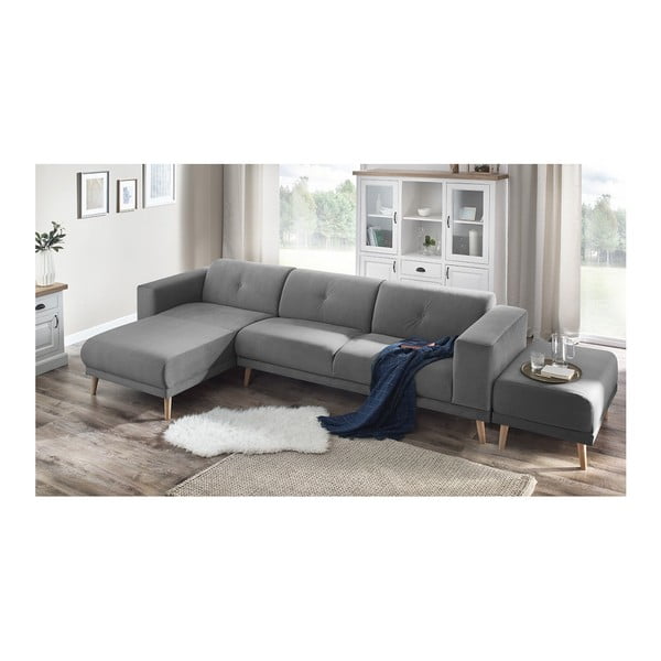Bobochic Paris Luna pelēks stūra dīvāns ar kāju balstu, kreisais stūris, 308 cm