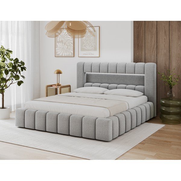 Pelēka polsterēta divvietīga gulta ar veļas kasti ar redelēm 140x200 cm Lamica – ELTAP-image-1