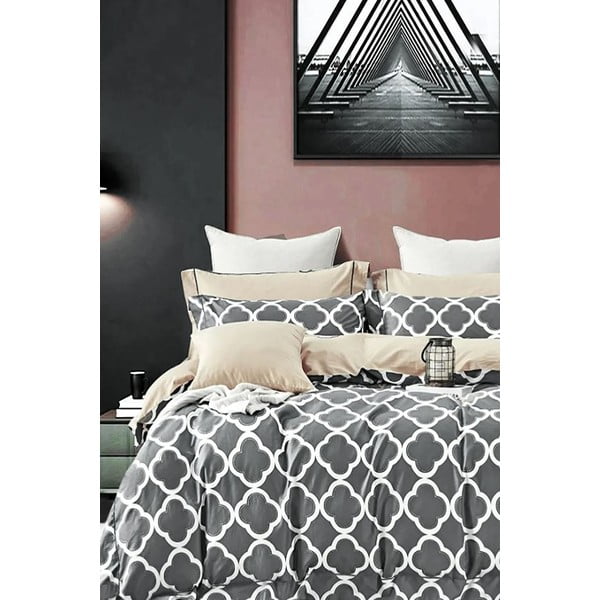 Pelēka/bēša divguļamā kokvilnas gultas veļa ar palagu 200x220 cm Geometric – Mila Home