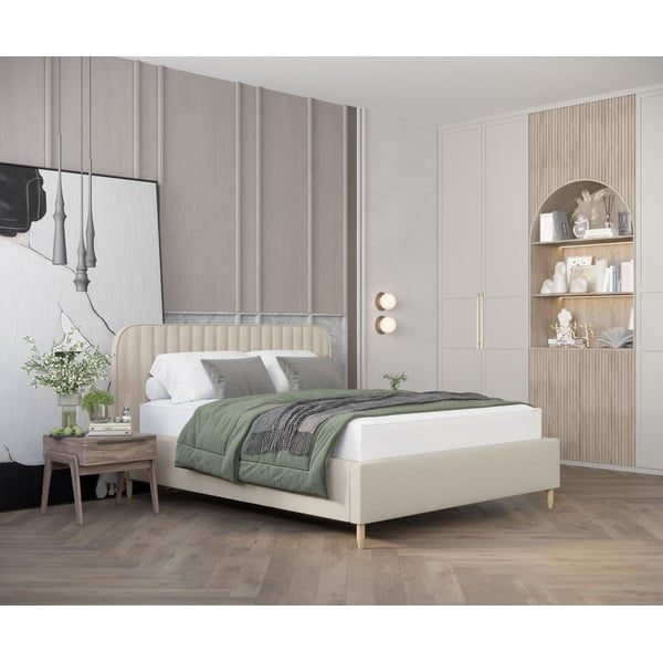 Bēša polsterēta vienvietīga gulta ar veļas kasti ar redelēm 120x200 cm Noto – Maison de Rêve-image-1