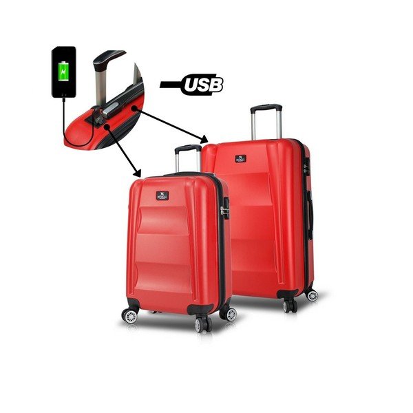 2 sarkanu ceļojuma koferu komplekts uz riteņiem ar USB pieslēgvietām My Valice LASSO Cabin & Medium-image-1
