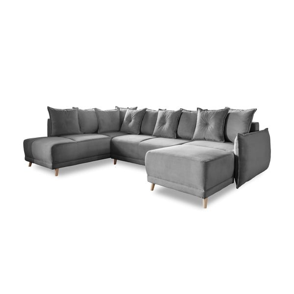 Pelēks velveta salokāms stūra dīvāns (ar kreiso stūri/U veida) Lazy Lukka – Miuform