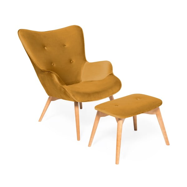 Sinepju dzeltens krēsls un kāju paliktnis ar pamatni no dabīga Vivonita Cora Velvet auduma