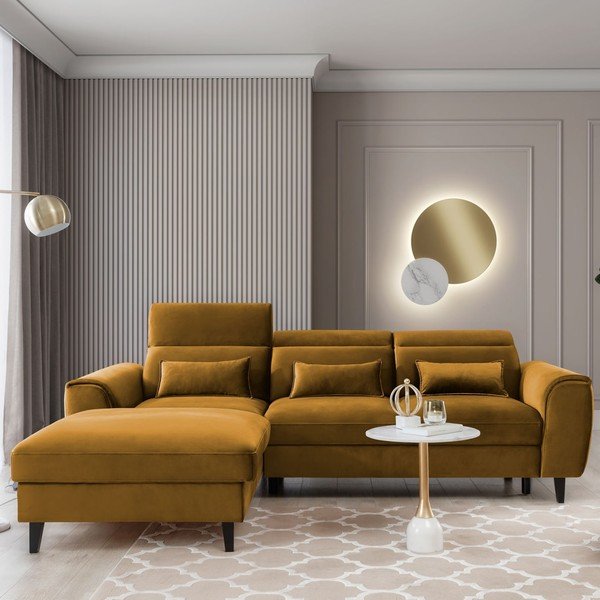 Dzeltens samta salokāms/ar uzglabāšanas vietu stūra dīvāns (ar kreiso stūri/ar zvilni) Foble – ELTAP-image-1