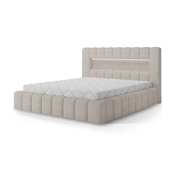 Bēša polsterēta divvietīga gulta ar veļas kasti ar redelēm 140x200 cm Lamica – ELTAP