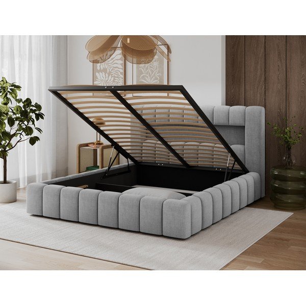 Gaiši pelēka polsterēta divvietīga gulta ar veļas kasti un ar redelēm 160x200 cm Lamica – ELTAP-image-4