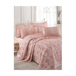 Lašu rozā kokvilnas divguļamās gultas pārklājs ar palagu un spilvendrānām Anna, 200 x 235 cm