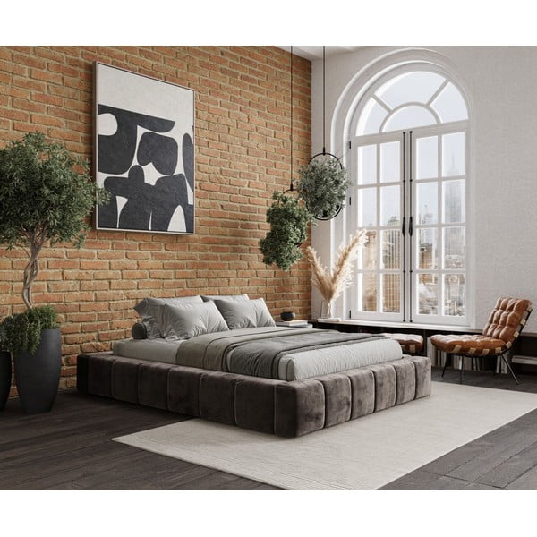 Brūna polsterēta divvietīga gulta ar veļas kasti un redelēm 200x200 cm Aruba L – Maison de Rêve-image-1