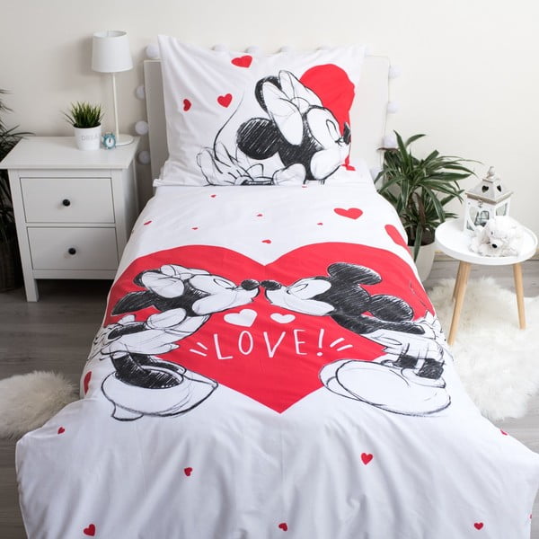 Sarkana/balta vienguļamā kokvilnas bērnu gultas veļa 140x200 cm Mickey and Minnie "Love" – Jerry Fabrics-image-1