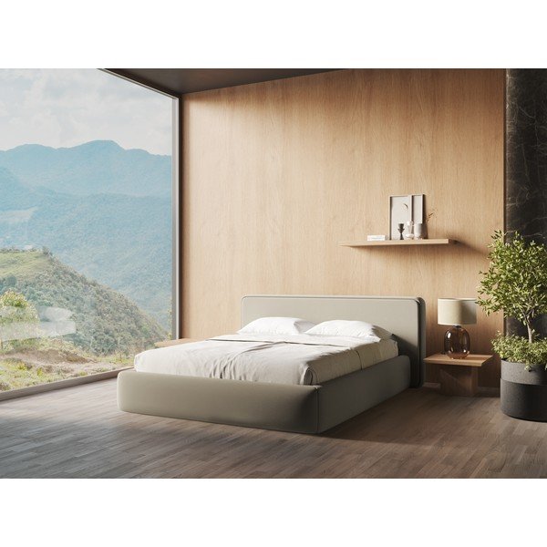 Bēša polsterēta divvietīga gulta ar veļas kasti un redelēm 180x200 cm Kiana – Makamii-image-1