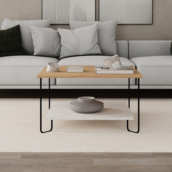 Balts/dabīga toņa žurnālgaldiņš ar ozolkoka imitācijas galda virsmu 80x80 cm Tonka – Marckeric-image-4