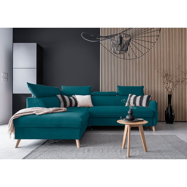 Tirkīzzils samta salokāms stūra dīvāns (ar kreiso stūri) Sweet Harmony – Miuform-image-1
