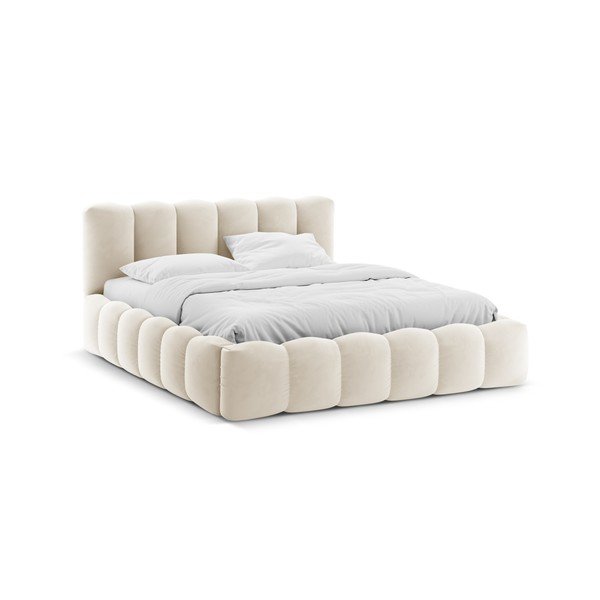 Bēša polsterēta divvietīga gulta ar veļas kasti ar redelēm 180x200 cm Lupine – Micadoni 