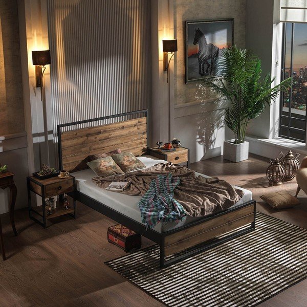 Melna/dabīga toņa divvietīga gulta ar režģi 140x200 cm Ariane – Kalune Design-image-3