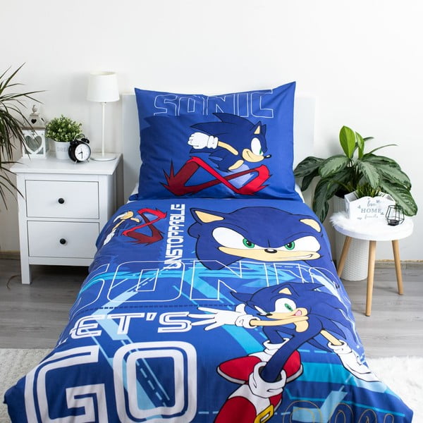 Zila vienguļamā kokvilnas bērnu gultas veļa 140x200 cm Sonic "Let´s go" – Jerry Fabrics-image-1