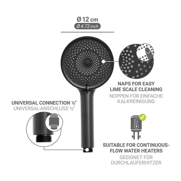 Matēti melna plastmasas dušas galva ø 12 cm Softwater – Wenko-image-3