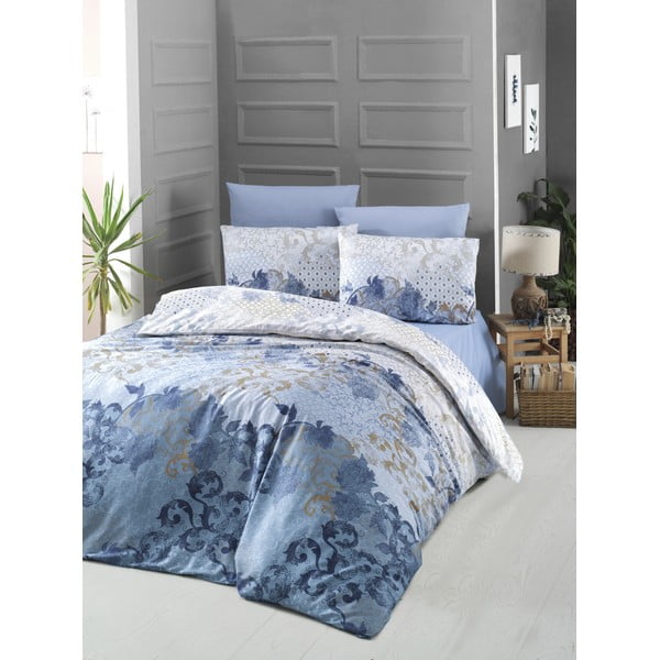 Zila kokvilnas satīna gultasveļa Victoria Nerissa, 200 x 220 cm