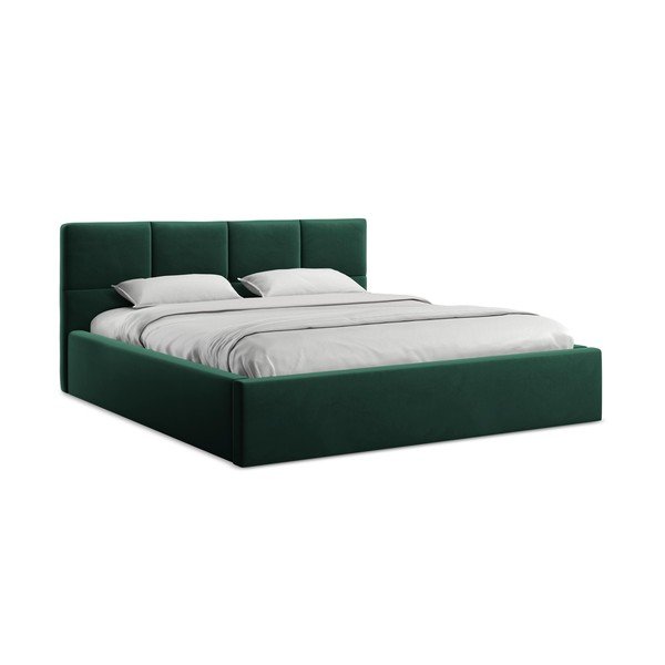 Tumši zaļa samta polsterēta divvietīga gulta ar veļas kasti ar redelēm 140x200 cm Hiko – Makamii-image-4