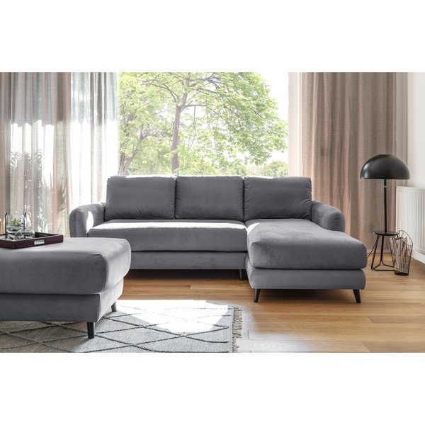 Gaiši pelēks samta stūra dīvāns ar kāju soliņu Miuform Cozy Claire, labais stūris-image-2