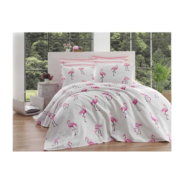 Balta viegla kokvilnas vienvietīga gultas pārklājs Flamingo,140 x 200 cm