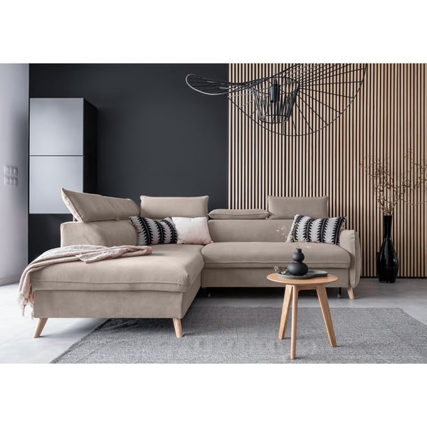 Bēšs samta salokāms stūra dīvāns (ar kreiso stūri) Sweet Harmony – Miuform-image-1