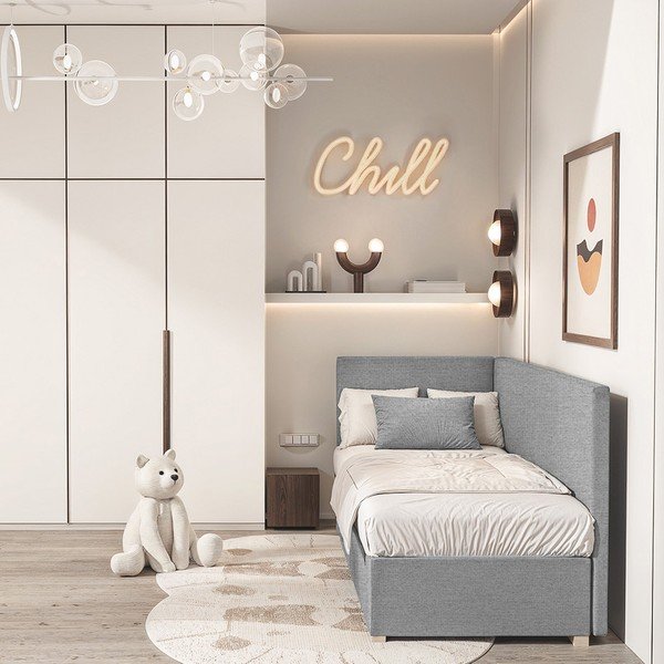 Pelēka stūra bērnu gulta ar veļas kasti ar matraci 90x200 cm Flexi – Ghado-image-1