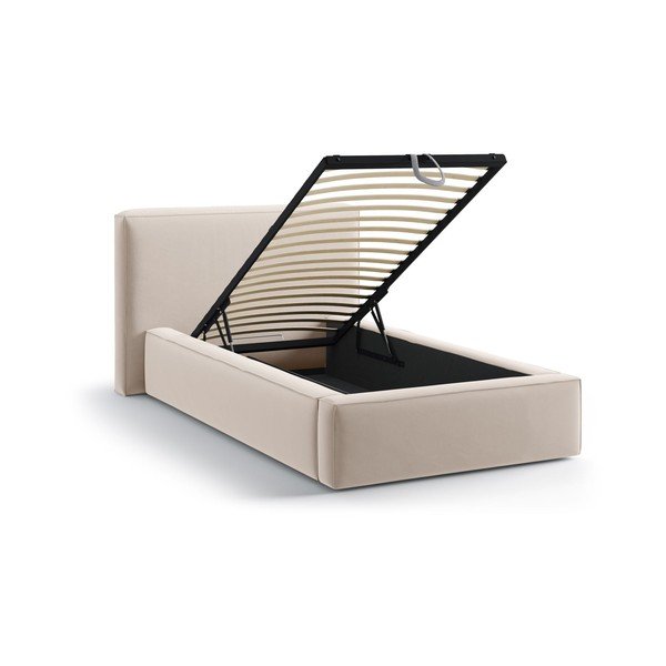 Bēša polsterēta vienvietīga gulta ar veļas kasti un redelēm 90x200 cm Jodie – Micadoni -image-1