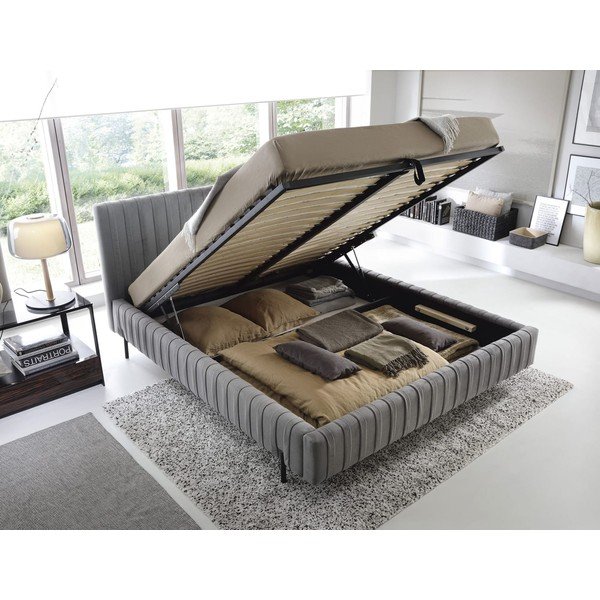 Pelēka polsterēta divvietīga gulta ar veļas kasti un ar redelēm 160x200 cm Plissa – ELTAP-image-2