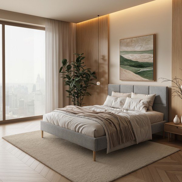 Pelēka polsterēta divvietīga gulta ar redelēm 160x200 cm Alano – MESONICA-image-1