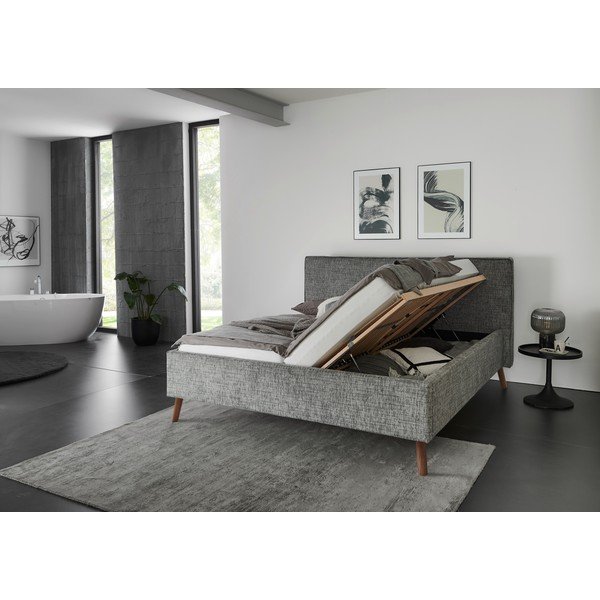 Pelēka polsterēta divvietīga gulta ar veļas kasti ar redelēm 180x200 cm Riva – Meise Möbel-image-3