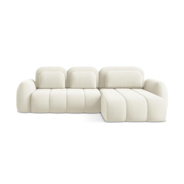 Bēšs salokāms stūra dīvāns no buklē auduma ar uzglabāšanas vietu (ar labo stūri/ar zvilni) Pele – Makamii