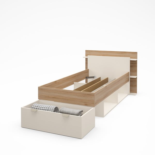 Balta/dabīga toņa vienvietīga gulta ar ozolkoka imitāciju un veļas kasti bez režģa 90x200 cm Albo – Marckeric-image-4