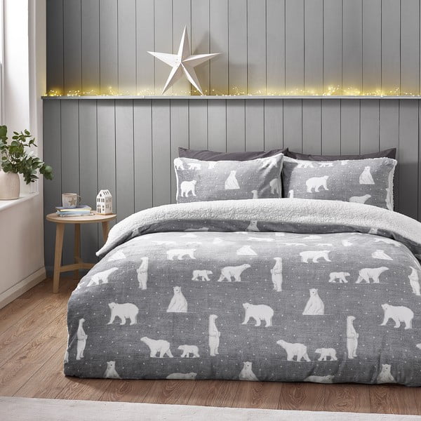 Pelēka divguļamā gultas veļa no Sherpa flīsa 200x200 cm Cosy Polar Bear – Catherine Lansfield-image-1