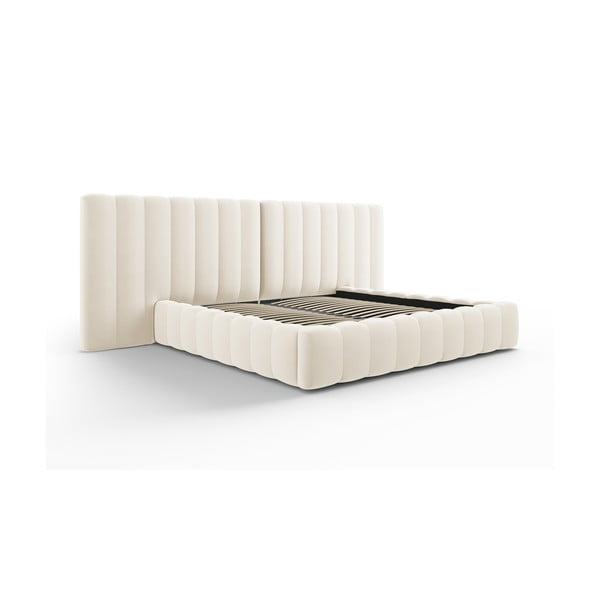 Bēša polsterēta divvietīga gulta ar veļas kasti un režģi 180x200 cm Gina – Milo Casa